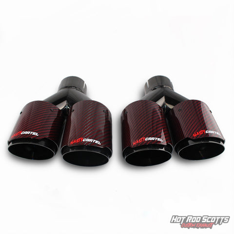 4 inch. Red carbon fiber rolled edge dual quads exhaust tips (LR pair) NASTYCARTEL